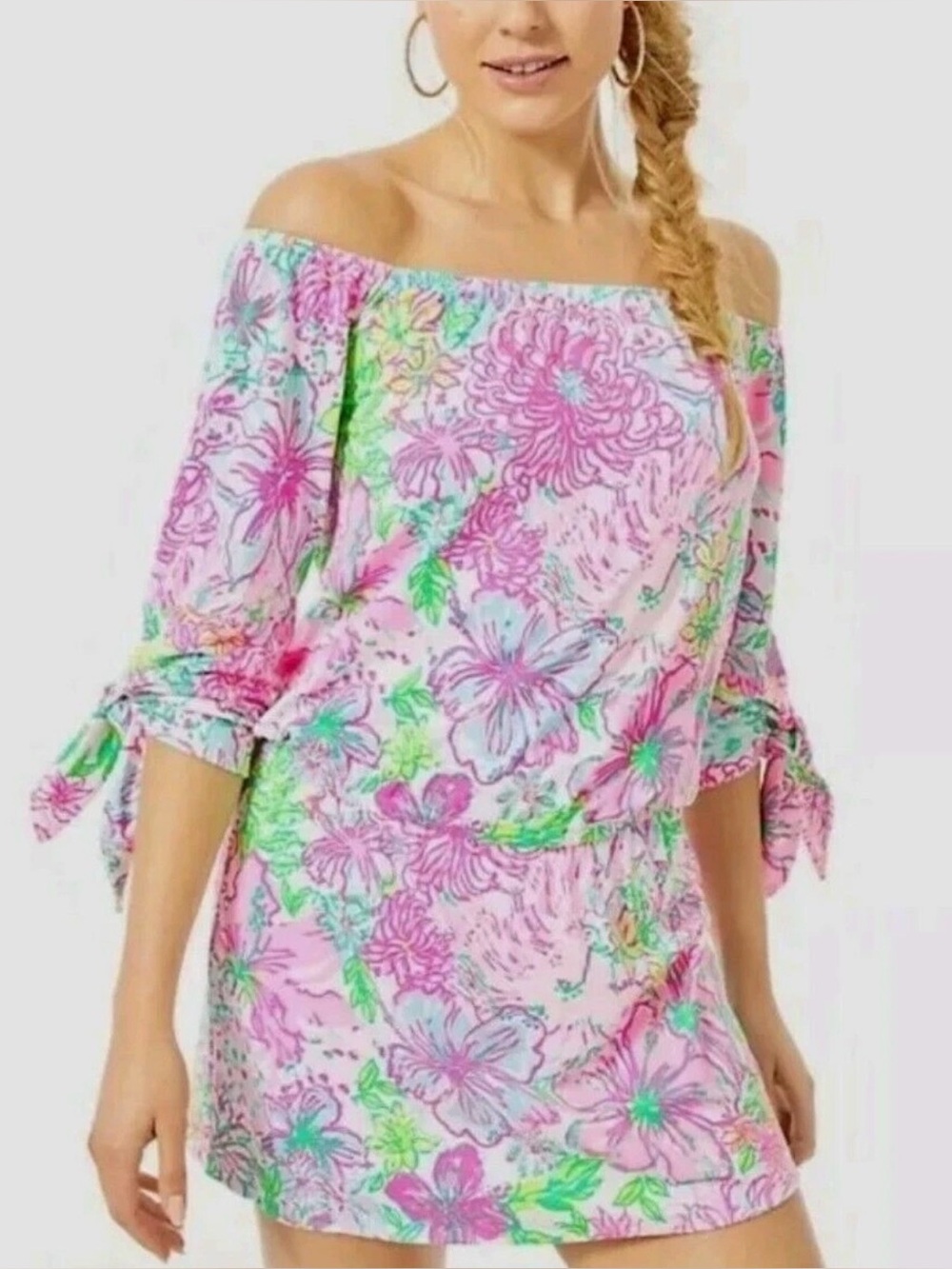 Lilly Pulitzer Lana Skort Romper Paradise Found Off the Shoulder Pink Size Large - Picture 5 of 13